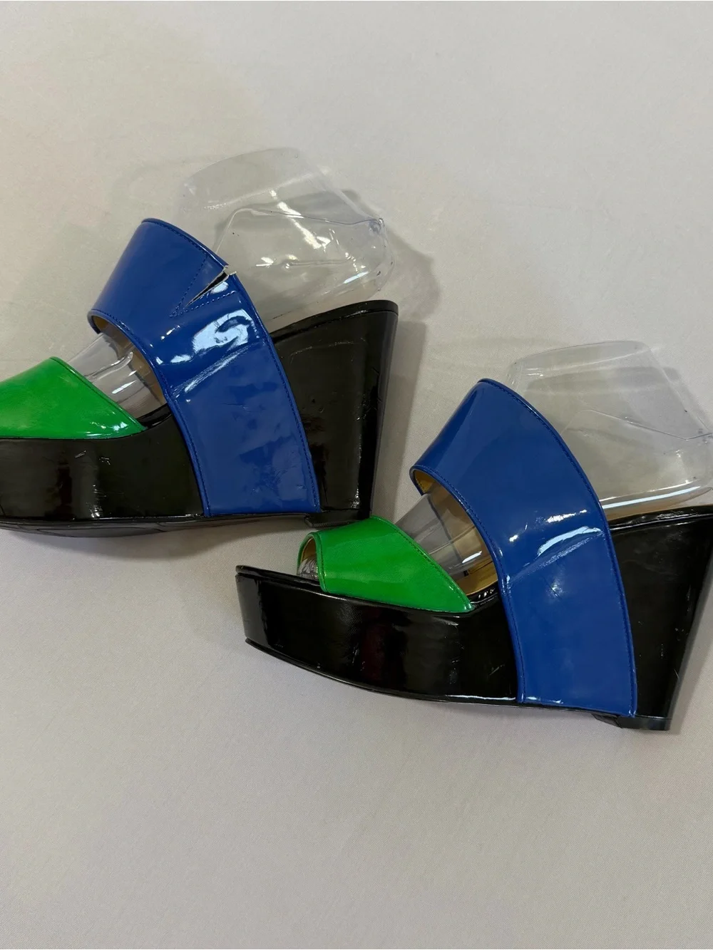 💙💚Nine West Colorblock Patent Platform Wedge Slide Sandals Blue Green Black| sz9